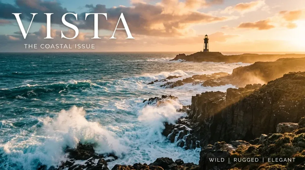 For this article, select a creative concept directly related to the topic, and create visuals with cinematic quality and the aesthetic of an editorial magazine cover, ensuring each composition is unique and distinct. The visuals must be in landscape format, with a 16:9 aspect ratio, and feature a wide, horizontal composition—vertical or square formats are strictly prohibited. Wide landscape format only, no portrait, no square.“Exploring the Coastline”