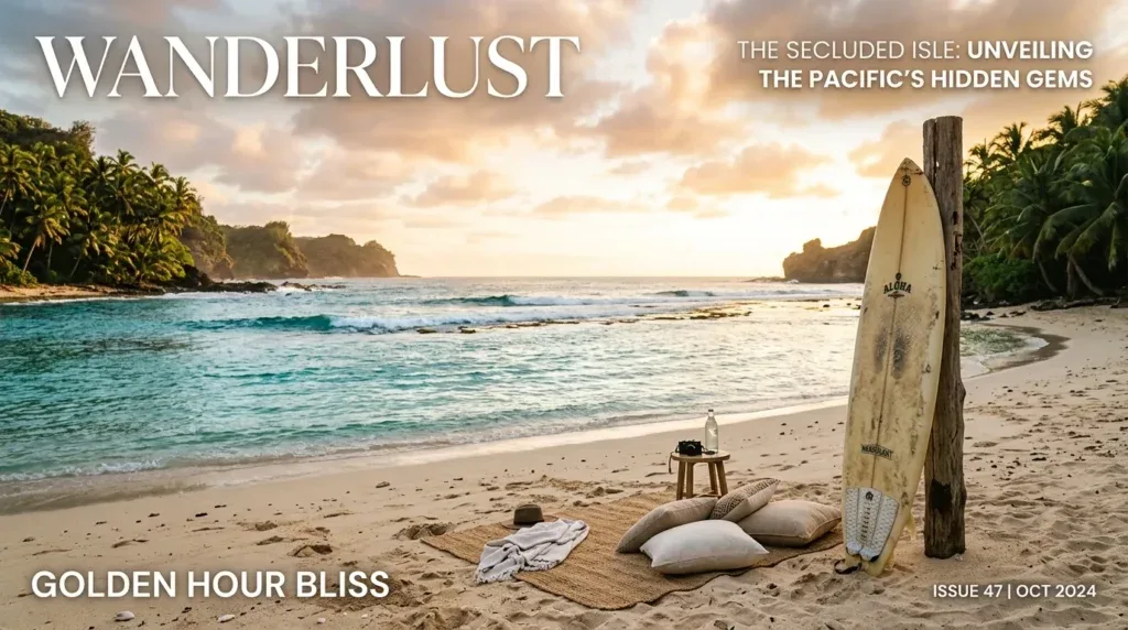 For this article, select a creative concept directly related to the topic, and create visuals with cinematic quality and the aesthetic of an editorial magazine cover, ensuring each composition is unique and distinct. The visuals must be in landscape format, with a 16:9 aspect ratio, and feature a wide, horizontal composition—vertical or square formats are strictly prohibited. Wide landscape format only, no portrait, no square.“Your Essential Guide to Unearthing Secret Surfing Spots & Chill Havens”